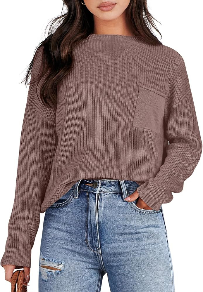 ANRABESS Women Casual Long Sleeve Knit Loose Fit Mock Neck Fall Trendy Cropped Sweater Top with P... | Amazon (US)