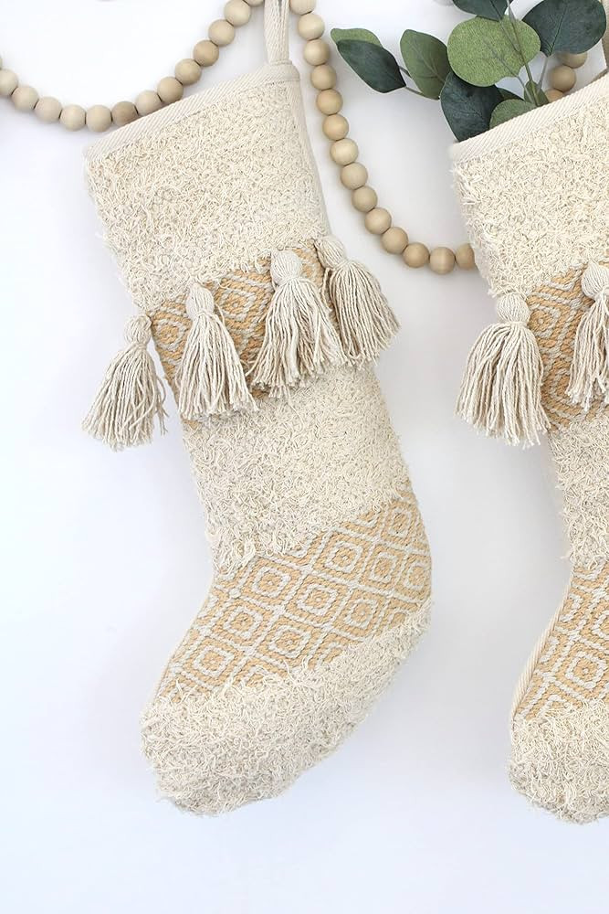 CASA BOHO Boucle Christmas Stocking, Boho Holiday Stocking with Tassels, Fireplace Mantel Hanging... | Amazon (US)