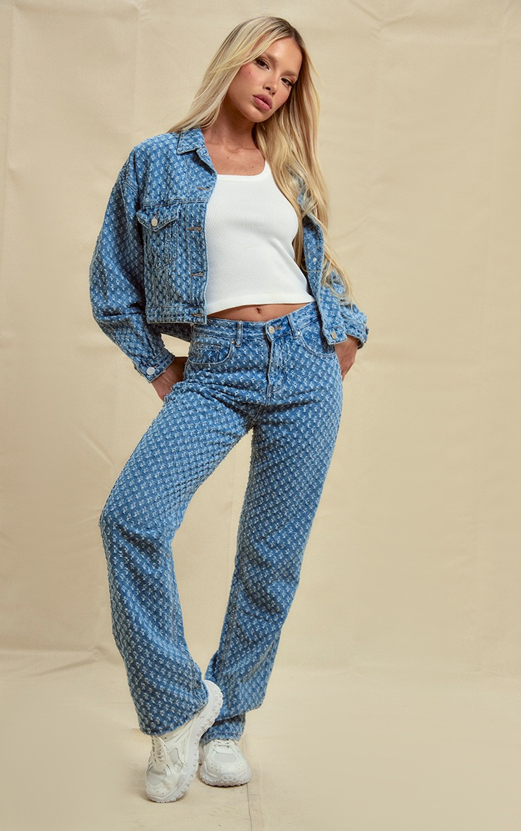 Light Blue Wash Textured Jeans | PrettyLittleThing US