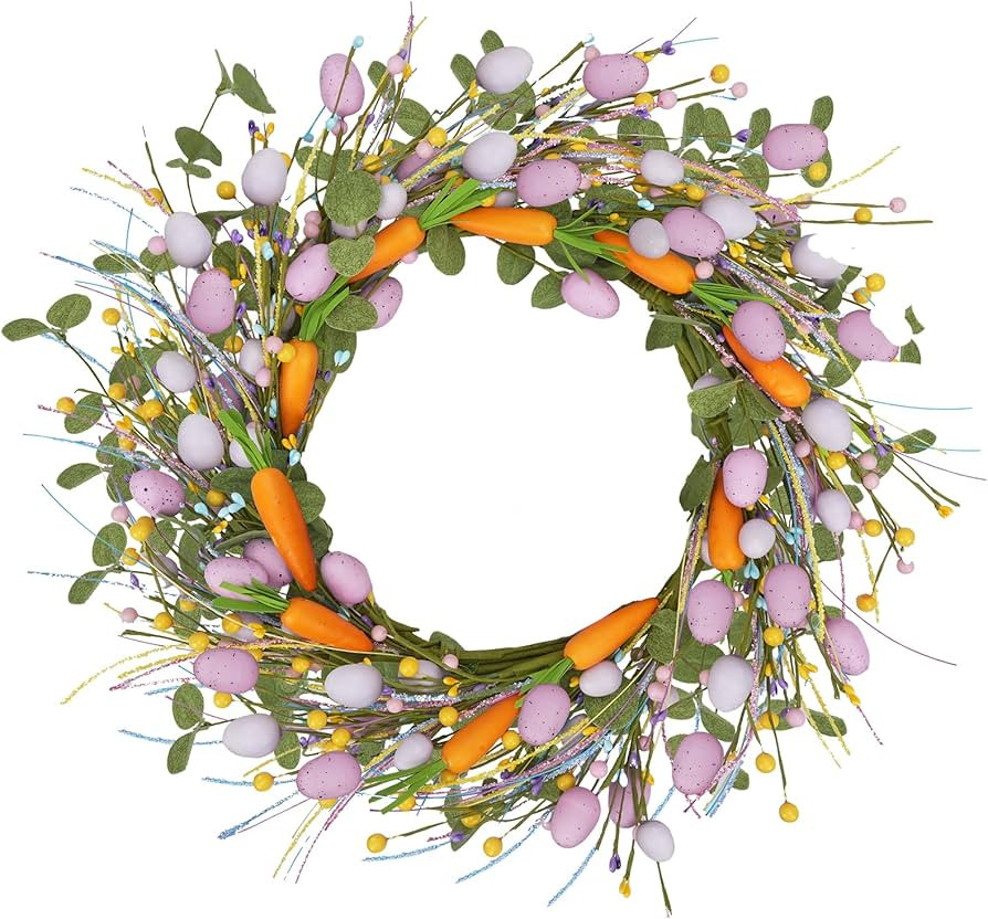 Easter Wreaths for Front Door, 22 Inch Artificial Colorful Egg Wreath with Carrot and Spring Berr... | Amazon (US)