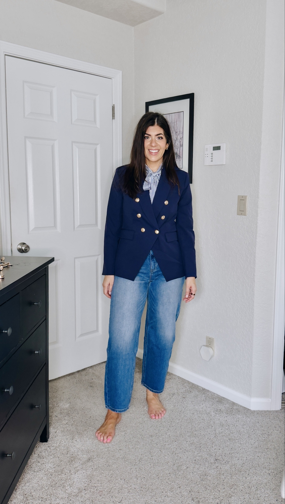 In a medium bow tie neck top
Medium blazer
29 barrel jeans


#LTKMidsize #LTKTall #LTKOver40