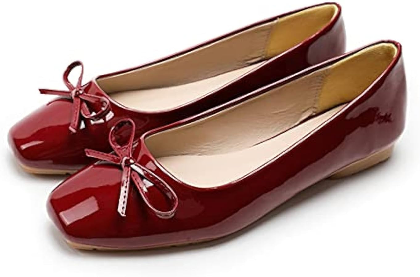 JiangWei Shu Women's Bow Knot Square Toe Ballet Flats Slip On Walking Wedding Soft Shoes | Amazon (US)