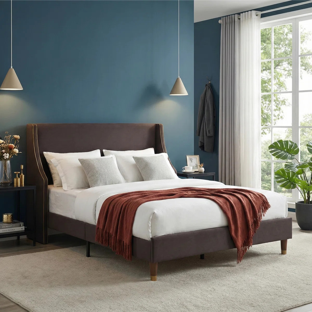 Melaya Elegant Wingback Upholstered Platform Bed Frame – Luxurious Design with Gold Piping, Stu... | Wayfair North America