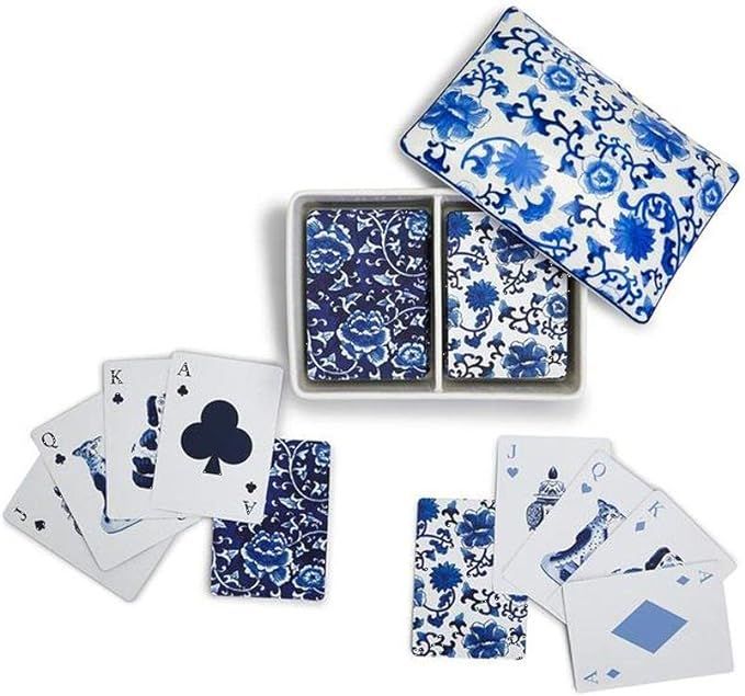 Two's Company Double Deck Playing Cards in Blue and White Ceramic Storage Box | Amazon (US)