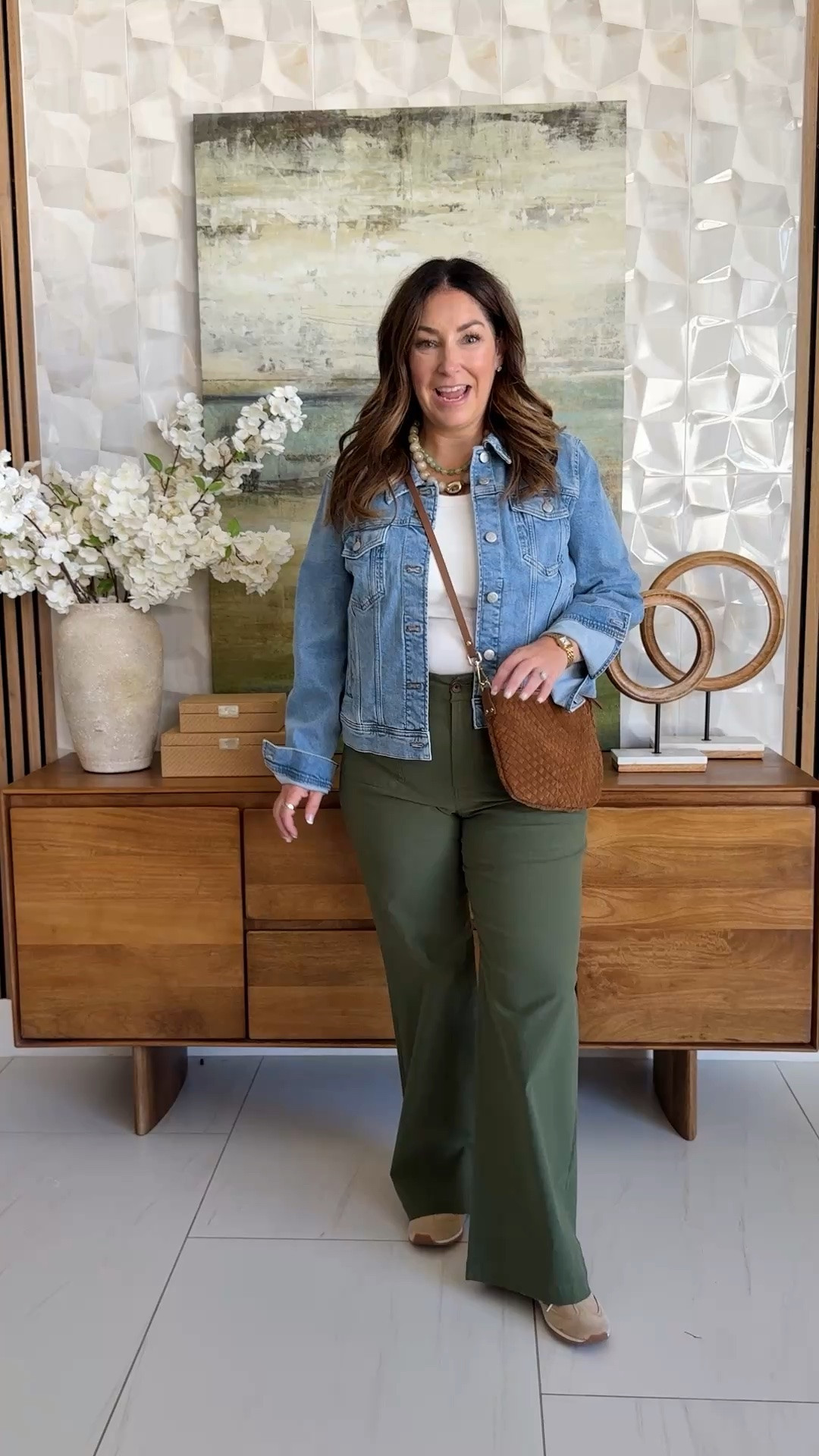 JCrew Factory olive wide leg pant paired with a white tank and denim jacket for a business casual office look for fall! 
📏Wearing Pants in 12 (run small, size up) and Tank and Jacket in L

#LTKOver40 #LTKMidsize #LTKWorkwear
