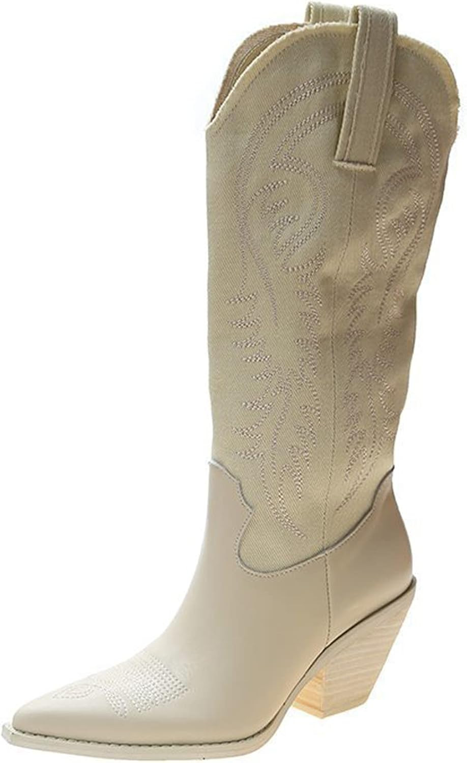 boots for women knee high Retro Embossing Pattern Pointed toe chunky Mid Heel Zipper Boot Fashion... | Amazon (US)