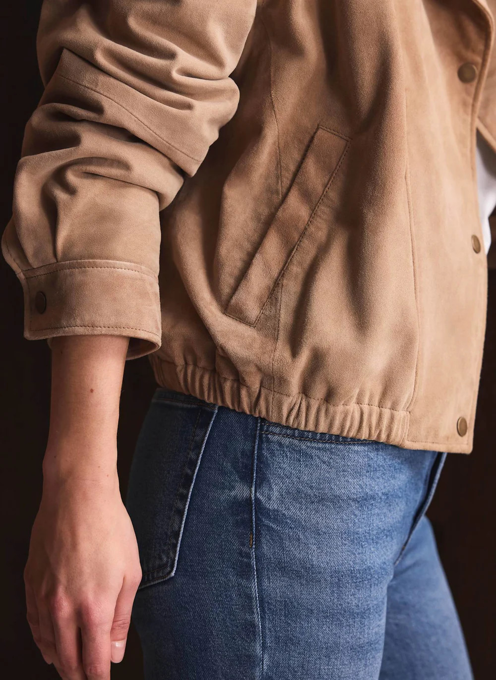 Neutral Suede Cropped Pilot Bomber Jacket | Mint Velvet