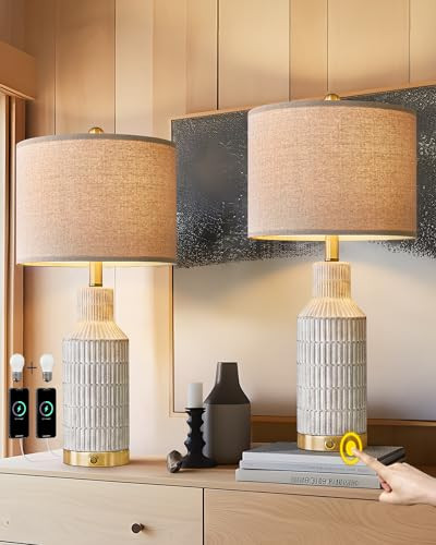 USumkky 25" Modern 3-Way Dimmable Touch Control with USB A+C Ceramic Lamps Set of 2 Table Lamp for Living Room Bedroom Farmhouse Nightstand Bedside Lamps (White-Washed) | Amazon (US)