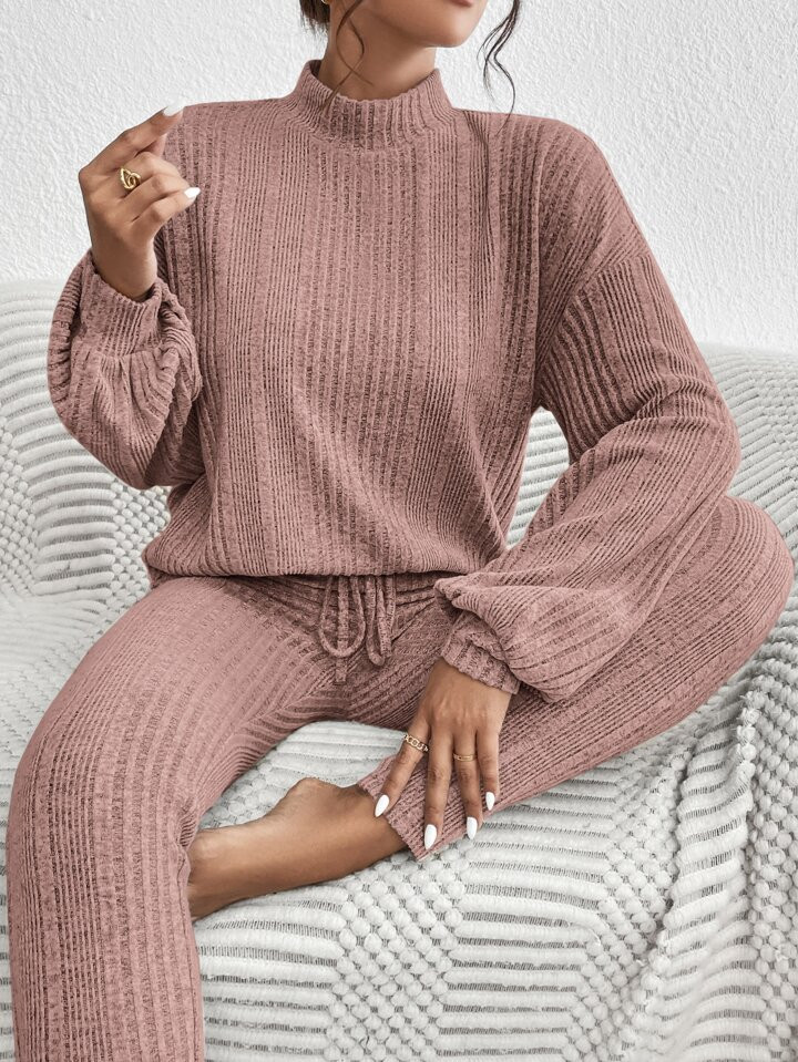 SHEIN Essnce Mock Neck Rib Knit Drop Shoulder Tee & Tie Front Pants | SHEIN