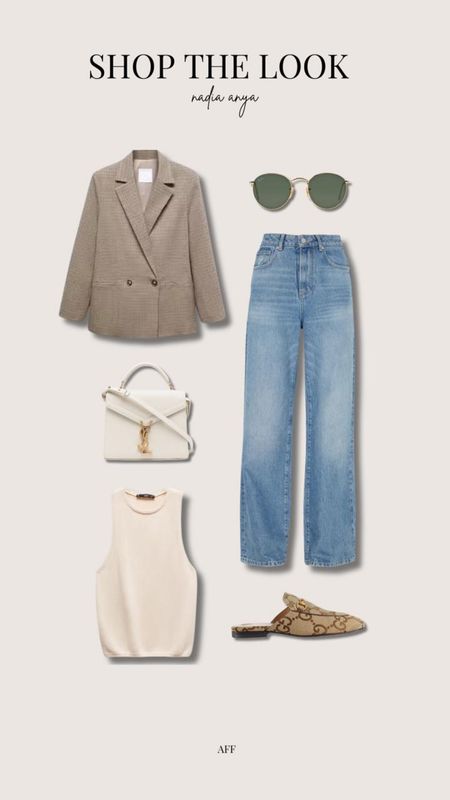 Smart casual chic spring outfit - blue straight leg jeans (cut off), check blazer, mango cream knit top, Gucci Princetown gg loafers, ysl cream top handle handbag & round rayban sunglasses  

#LTKSeasonal #LTKstyletip #LTKeurope