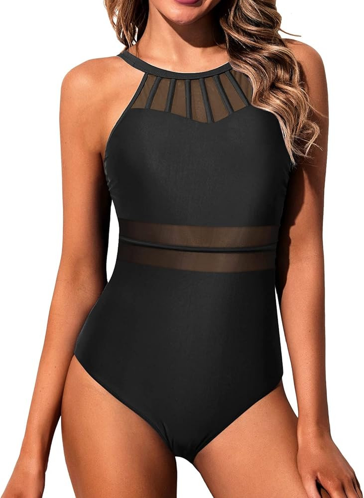 Holipick Women High Neck One Piece Swimsuit Tummy Control Halter Slimming Bathing Suit Mesh Swimw... | Amazon (US)
