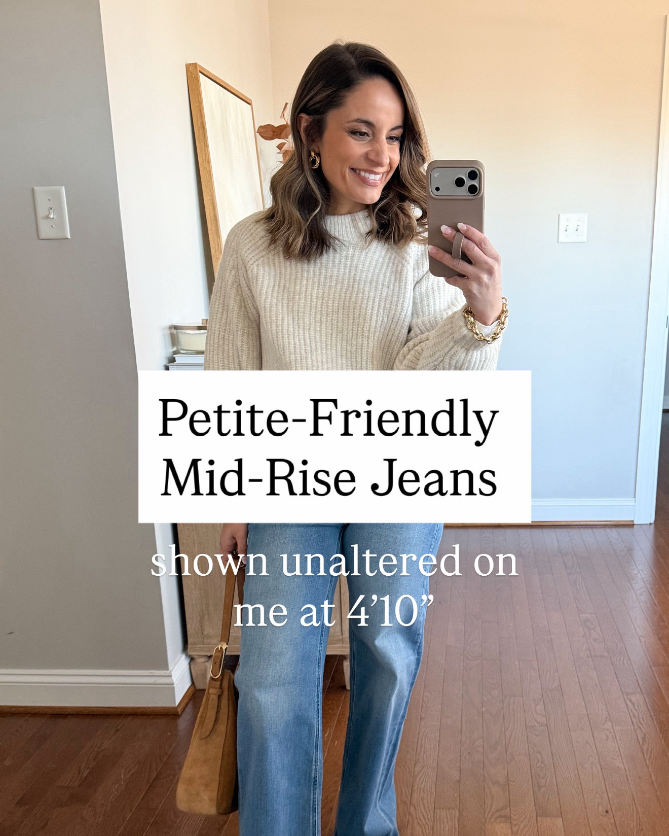 Petite Mid-Rise Jeans 

Quince Luna Straight Wide Leg 
24 - true to size 
94% organic cotton/ 5% Elastrell / 1% Lycra 
9” rise / 29.5” inseam / 8.5” leg opening - these shrink in the wash which helps with the long inseam. I’ve also linked the Luna Relaxed Straight which has a 28” inseam. 
Sweater (Kohl’s): xs 

J.Crew Slim Mid Rise 
Petite 24 - true to size 
94% cotton/ 4% polyester/2% elastane 
9” rise / 26” inseam/ 5 3/4” leg opening 
Sweater (J.Crew): xxs 

Madewell Jules Slim-Straight Jean 
Petite 24  - true to size 
98% cotton / 2% elastane 
9” rise/ 24.5” inseam / 6” leg opening 
Sweater (Kohl’s): petite xs 

AE Stovepipe 
00 short - relaxed fit, size down for a close fit
74% cotton/ 24% Lyocell / 2% elastane
9” rise / 27” inseam / 8” leg opening
Sweater (J.Crew): sold out 

* Measurements are taken from the size I’m wearing and may differ from the stated measurements on the brand sites. 

My measurements for reference: I’m 4’10” and 105lbs. My bust, waist, and hip measurement is 32”, 24”, and 36”.

#LTKPetite