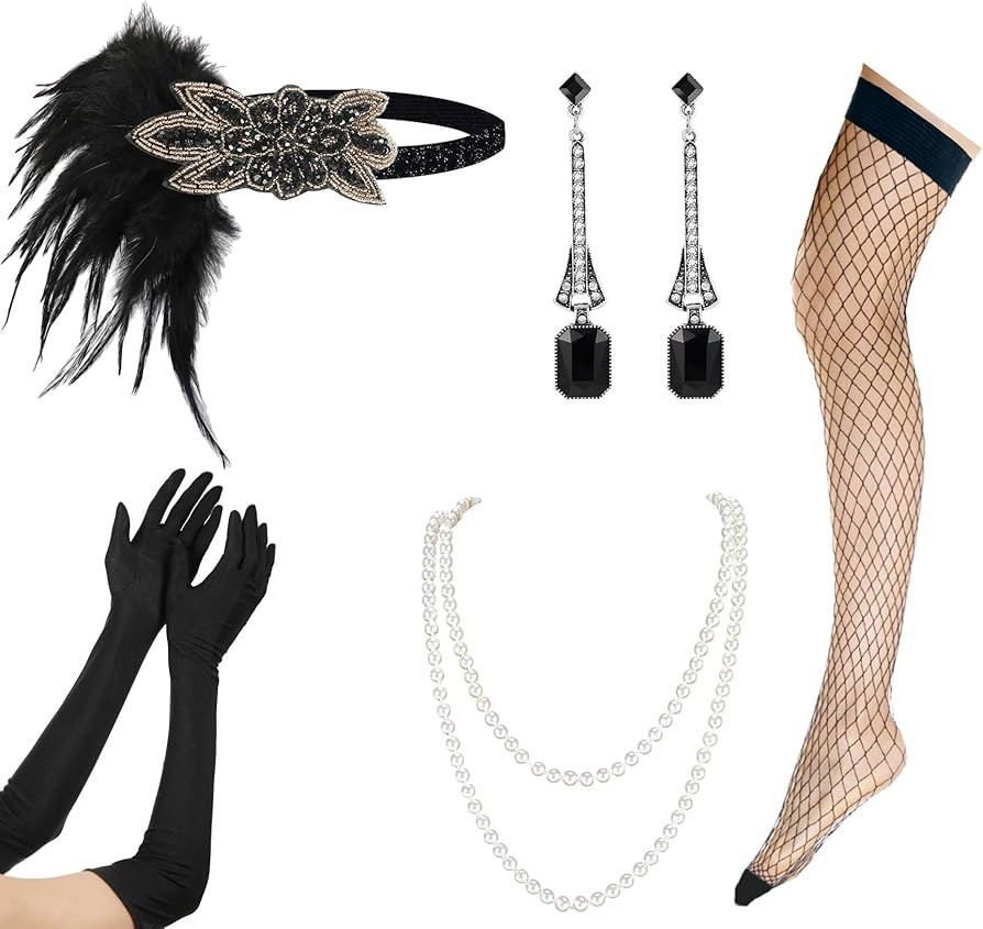 1920s Great Gatsby Accessories Set for Women Flapper Headband Pearl Long Necklace Rhinestone Dang... | Amazon (US)