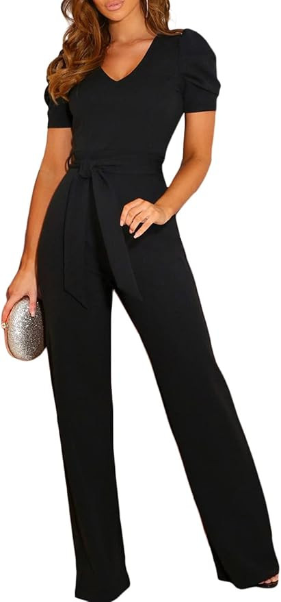 BLENCOT Womens Jumpsuit Short Sleeve Casual v Neck Belted Wide Leg Formal Rompers Jumpsuits S-XL | Amazon (US)