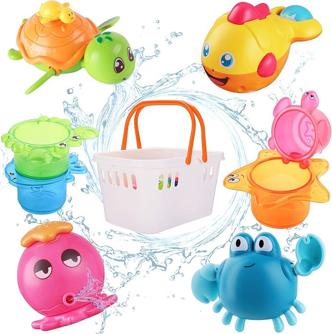 iPlay, iLearn Baby Bath Toys w/ Organizer, Water Squirting Octopus, Wind Up Swimming Turtle, Bath... | Amazon (US)