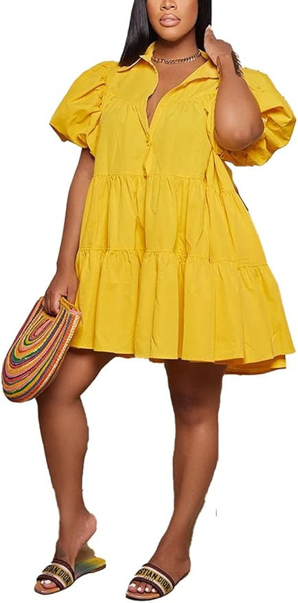 WOKANSE Women's Cute Babydoll Dresses 2024 Casual Loose Puff Sleeves Ruffle Hem Button Down Pleat... | Amazon (US)