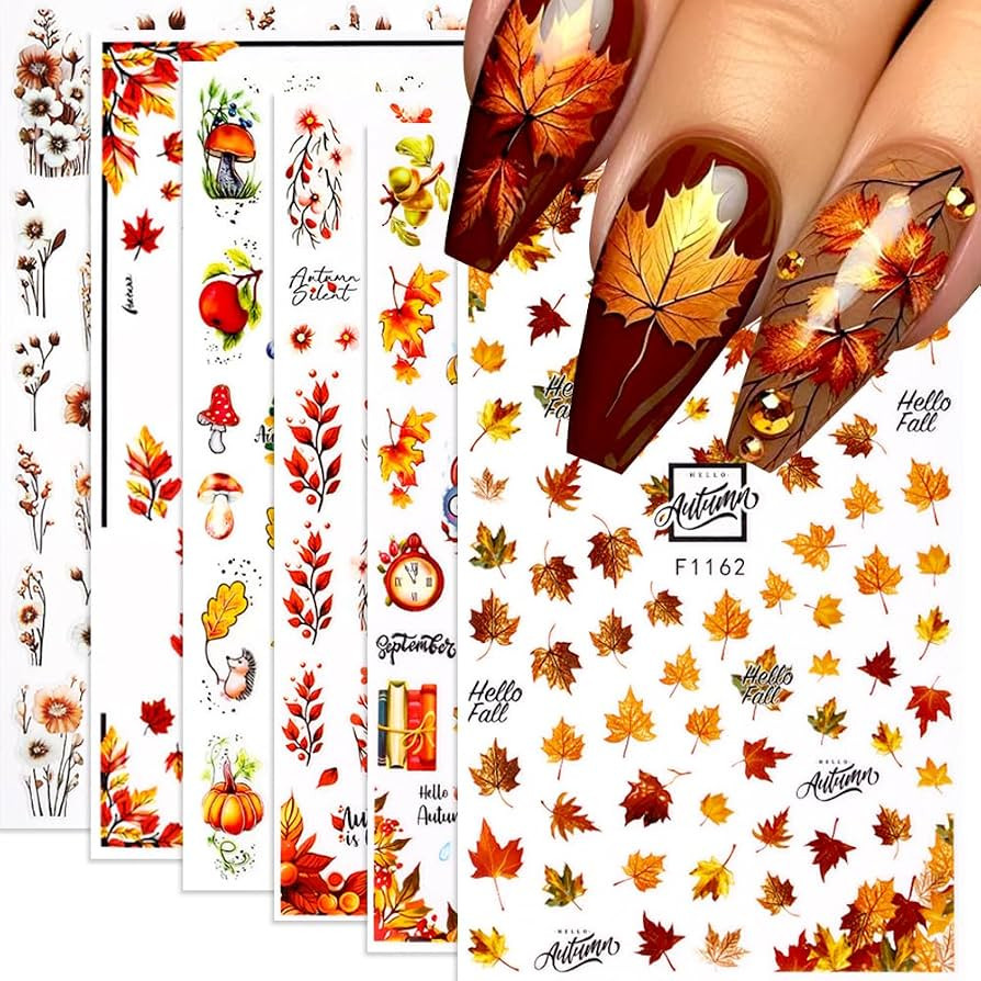 Fall Nail Art Stickers, Autumn Maple Leaf Nail Decals 3D Self-Adhesive Red Gold Maple Leaf Fall F... | Amazon (US)