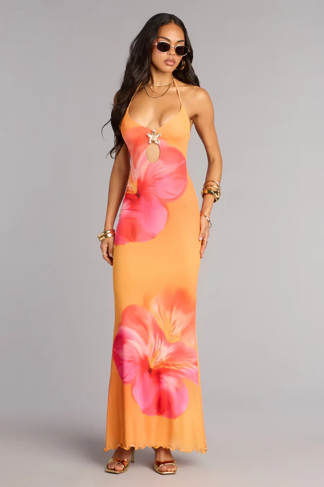 Getaway Mood Tropical Floral Halter Maxi Dress | Windsor Stores