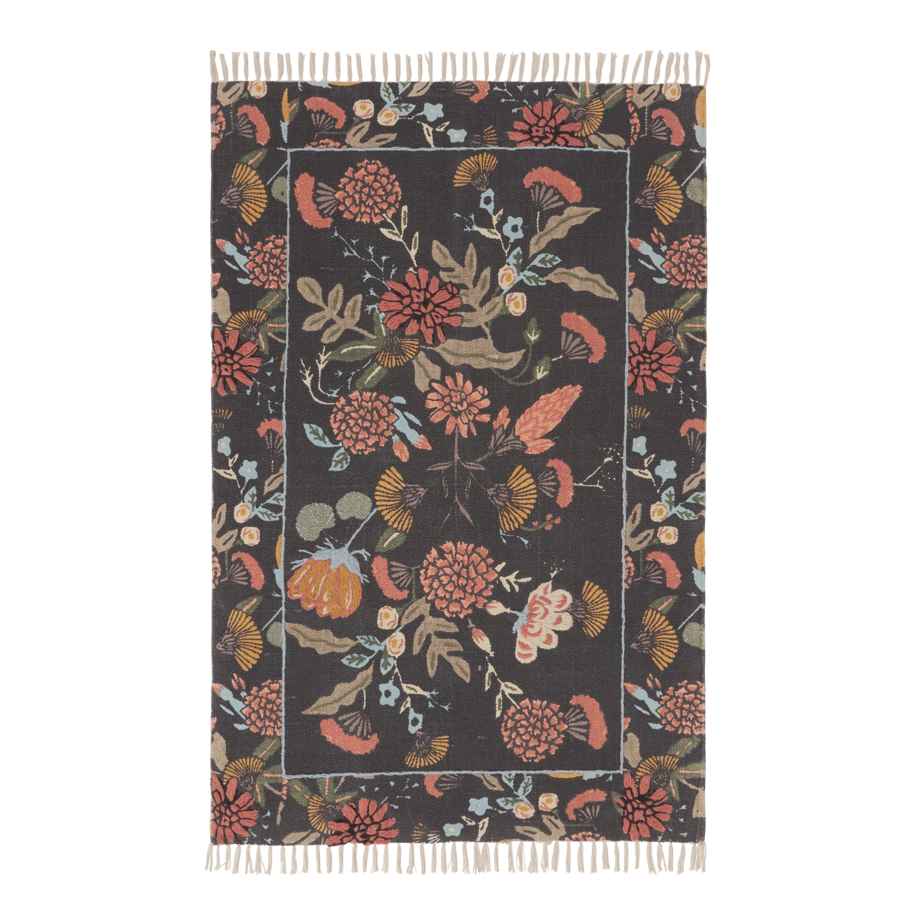 Jaipur Black and Sage Floral Embroidered Cotton Area Rug | World Market