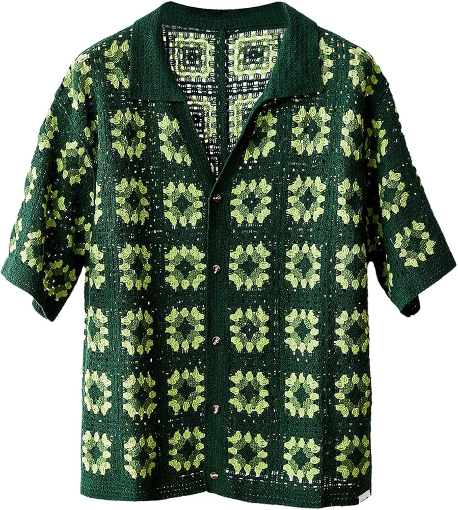 SHENHE Men's Crochet Knit Button Down Shirt Short Sleeve Sheer Collared Beach Shirt Top | Amazon (US)