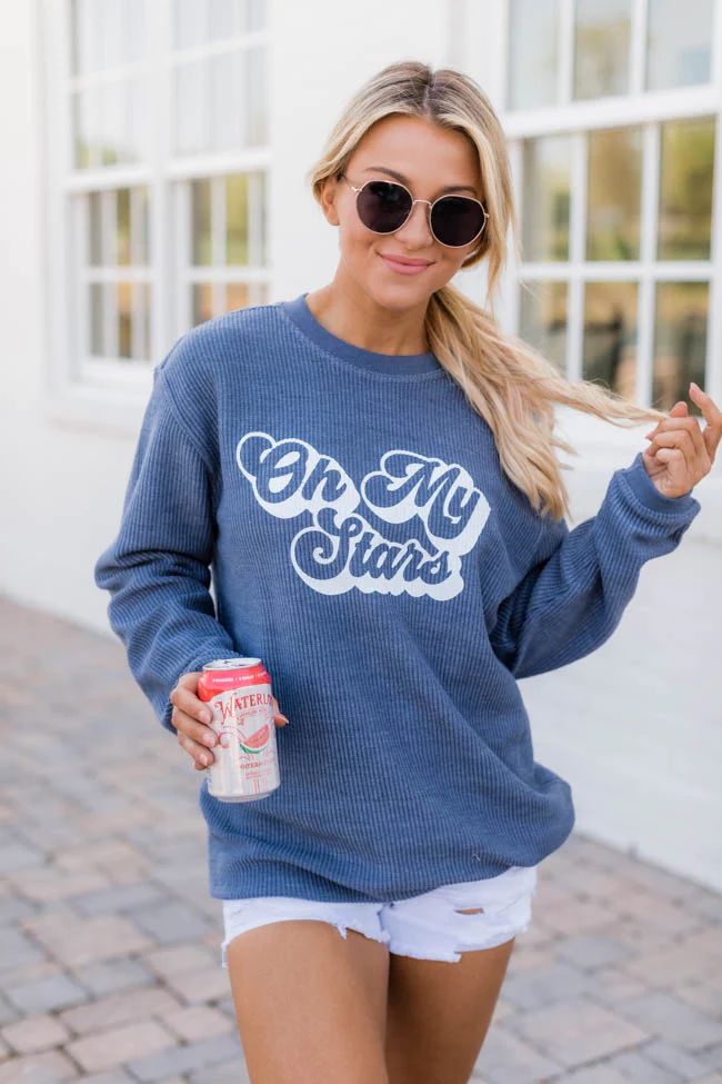 Oh My Stars Retro Navy Graphic Corded Sweatshirt | The Pink Lily Boutique
