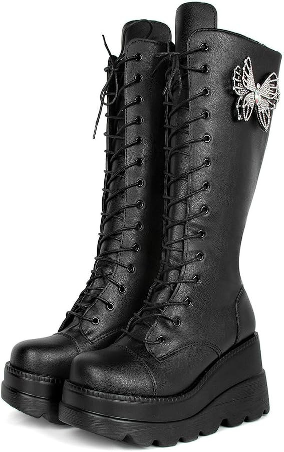 Parisuit Womens Wedge Platform Knee High Goth Boots Lace Up Mid Calf Combat Boots with Butterfly y2k Shoes | Amazon (US)