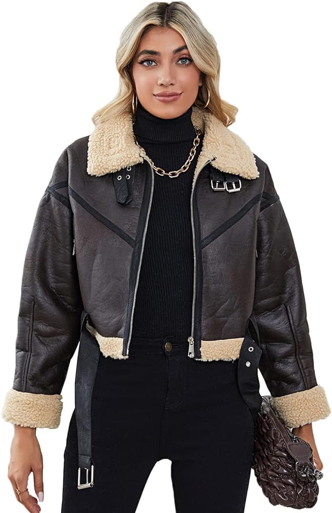 Winter Women Faux Lamb Fur Leather Short Jacket Lapel Zipper Bomber Aviator Coat | Amazon (US)