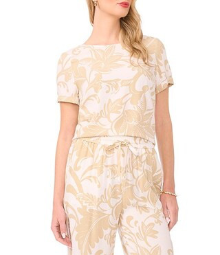 Woven Floral Printed Crew Neck Short Sleeve Coordinating Blouse | Dillard's