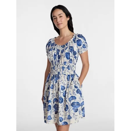 Time and Tru Women s Peasant Mini Dress With Puff Sleeves Sizes XS-4X | Walmart (US)