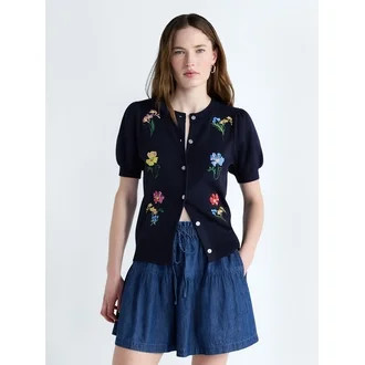 Free Assembly Women's and Women's Plus Embroidered Cardigan Sweater with Puff Sleeves, Lightweigh... | Walmart (US)