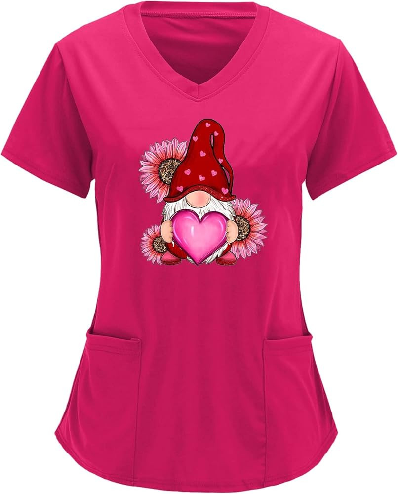 Valentine's Day Scrub Tops Women Stretchy Short Sleeve V Neck Nursing Uniform with Pocket Breatha... | Amazon (US)