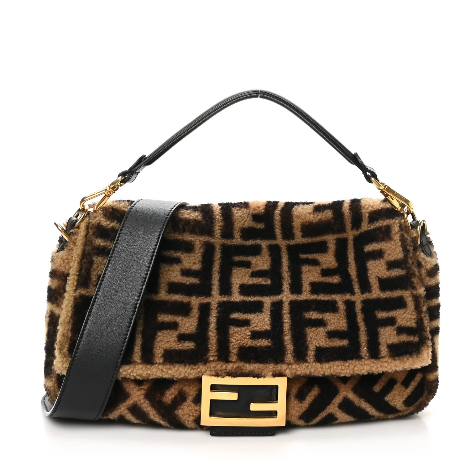 Fendi Shearling Vitello Dolce Macro FF 1974 Large Baguette Tobacco Black 1753510 | FASHIONPHILE (US)