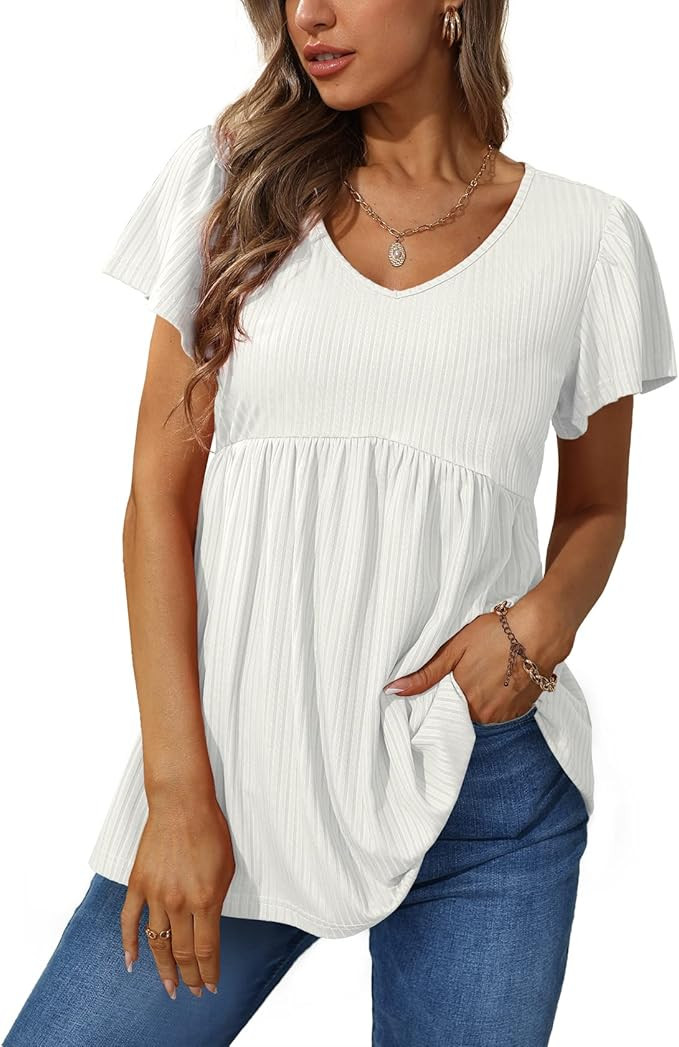 Glanzition Women Ruffle Short Sleeve V Neck Oversized Shirt Tunic Babydoll Tops | Amazon (US)