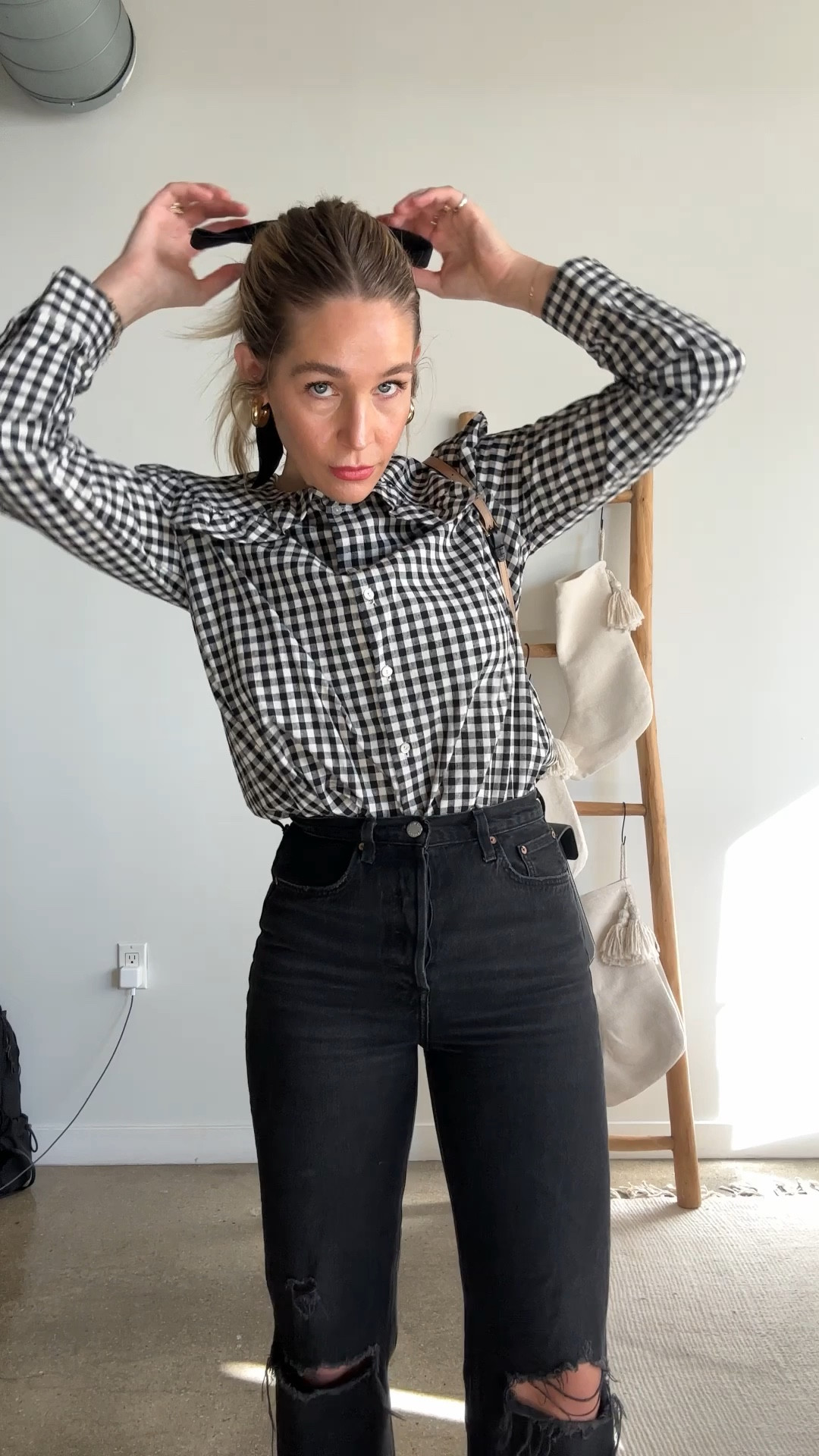 25 Days of Outfits: Day 2 | Parisian inspired outfit with gingham blouse with oversized collar, the perfect high waist denim pants and black slingback flats. Paired with  cute velvet bow and gold hoops. 

#LTKstyletip #LTKfindsunder100 #LTKHoliday