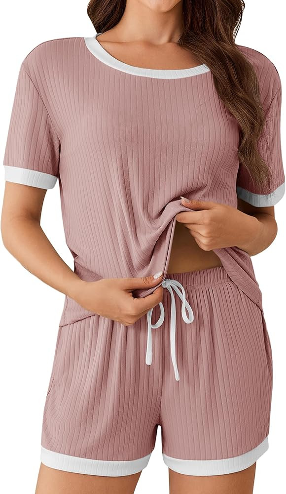 Ekouaer Women Ribbed Knit Pajama Sets, 2 Piece Short Sleeve Top and Shorts Soft Pjs Sleepwear wit... | Amazon (US)