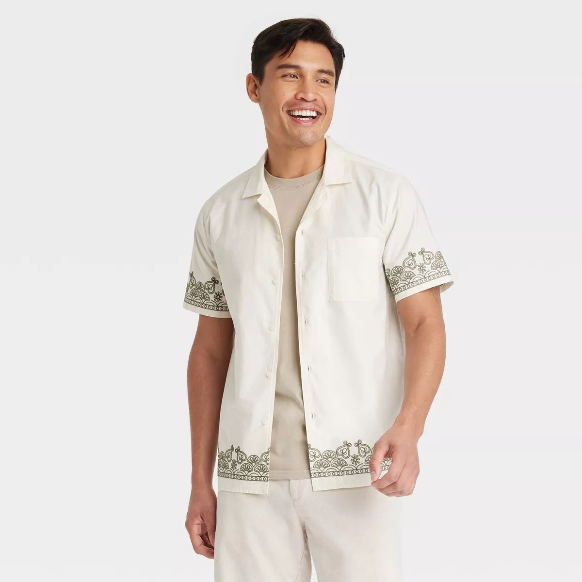 Men's Short Sleeve Embroidered Button-Down Shirt - Goodfellow & Co™ Cream | Target