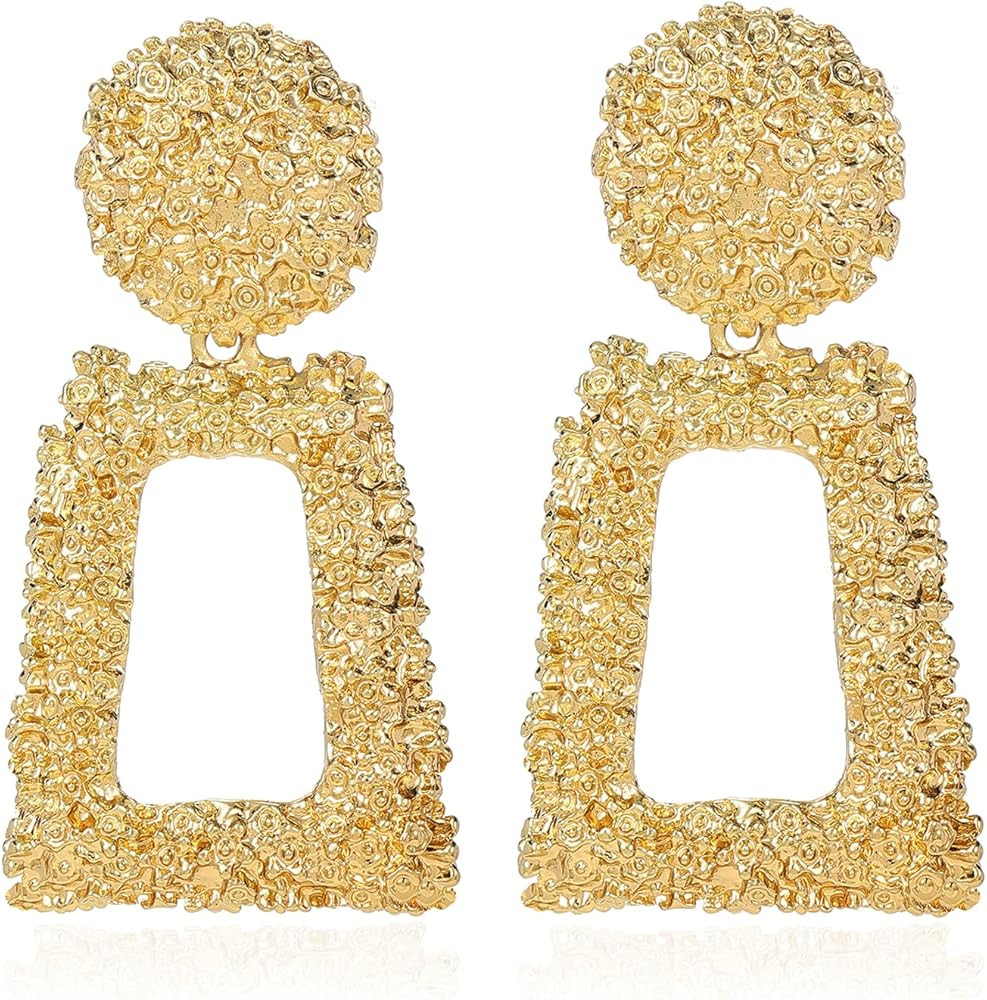 ATIMIGO Statement Drop Earrings Large Metal Rectangle Geometric Dangle Earrings Silver/Gold for W... | Amazon (US)