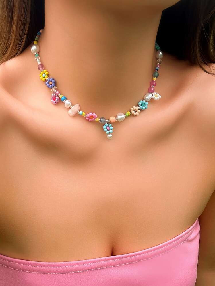 1pc Multicolor Faux Pearl Flower Charm Beaded Necklace (Random Faux Pearl Color) Valentines | SHEIN