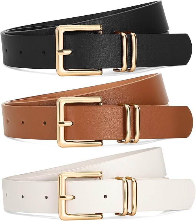 SANSTHS 3 PACK Women Leather Belts for Jeans Pants Dresses Fashion Ladies Waist Belt with Gold Sq... | Amazon (US)