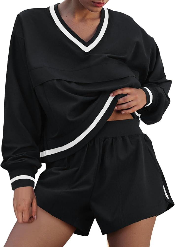 Fisoew Womens 2 Piece Outfits Long Sleeve V Neck Sweatshirt High Waist Running Shorts Sets Loose ... | Amazon (US)
