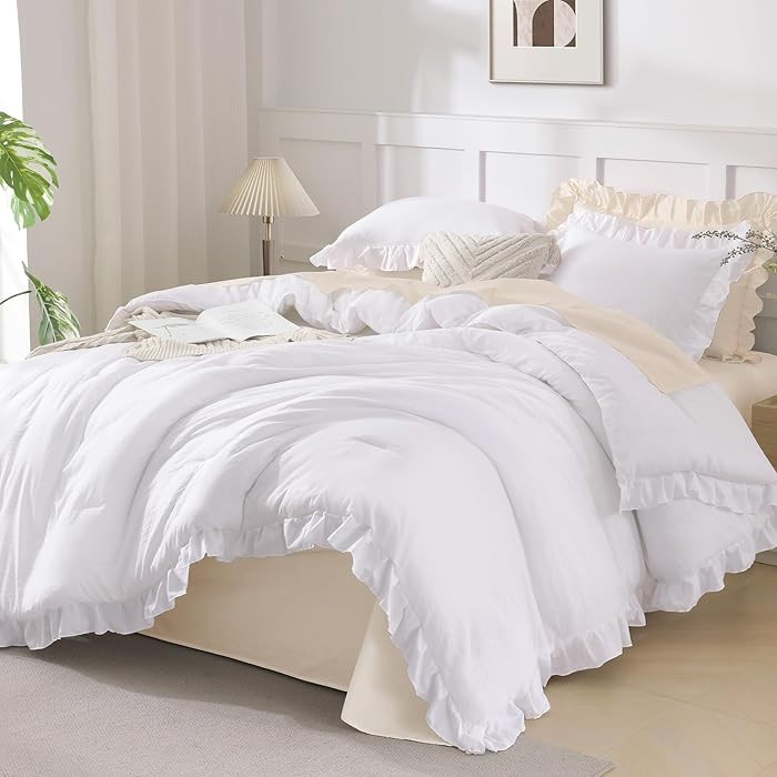 Andency White Comforter Queen Size, 3 Pieces Ruffle Shabby Chic Farmhouse Queen Comforter Sets, A... | Amazon (US)