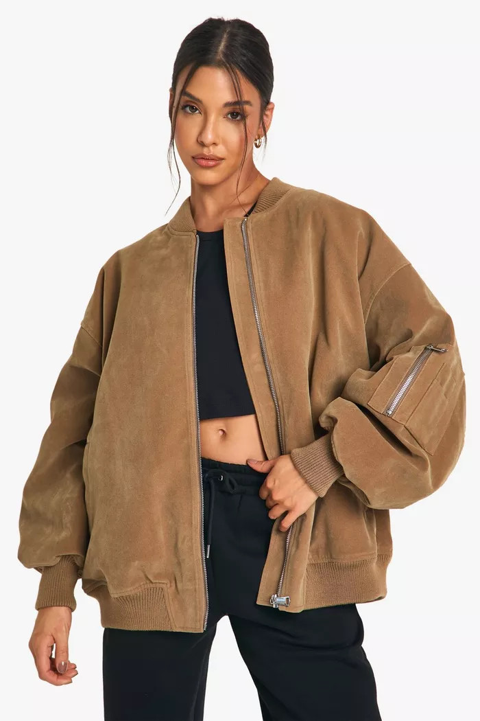 Vintage Suede Look Oversized Bomber Jacket | Boohoo.com (UK & IE)