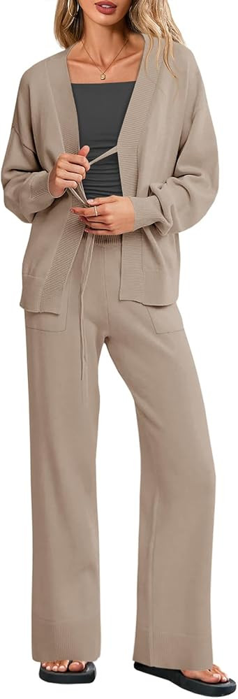 Tankaneo Womens 2 Piece Sweater Sets Oversized Tie Front Cardigan Elastic Waist Pants 2025 Matchi... | Amazon (US)