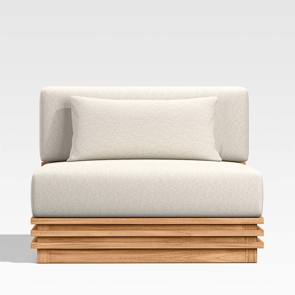 Batten Natural Teak Outdoor Armless Chair with Oat Cushions | Crate & Barrel | Crate & Barrel