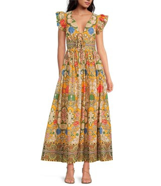 Woven Floral Print Tie V-Neck Flutter Cap Sleeve A-Line Flounce Maxi Dress | Dillard's