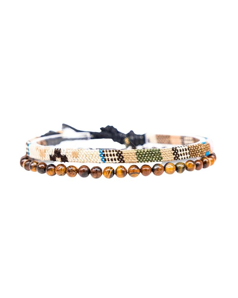 2x Boho Surfer Bracelet Set Women & Men - Handmade Summer Beach Bracelets - Adjustable & 100% Waterproof - Festival Accessories - Beaded & Braided (Tiger-Eyes & Safari) | Amazon (US)
