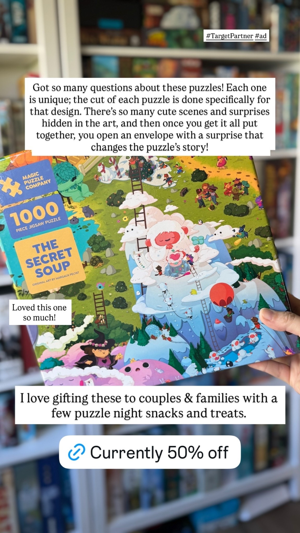 Got so many questions about these puzzles! Each one is unique; the cut of each puzzle is done specifically for that design. There’s so many cute scenes and surprises hidden in the art, and then once you get it all put together, you open an envelope with a surprise that changes the puzzle’s story! I love gifting these to couples & families with a few puzzle night snacks and treats! (Loved this one so much!)

#LTKFindsUnder50 #LTKGiftGuide #LTKKids