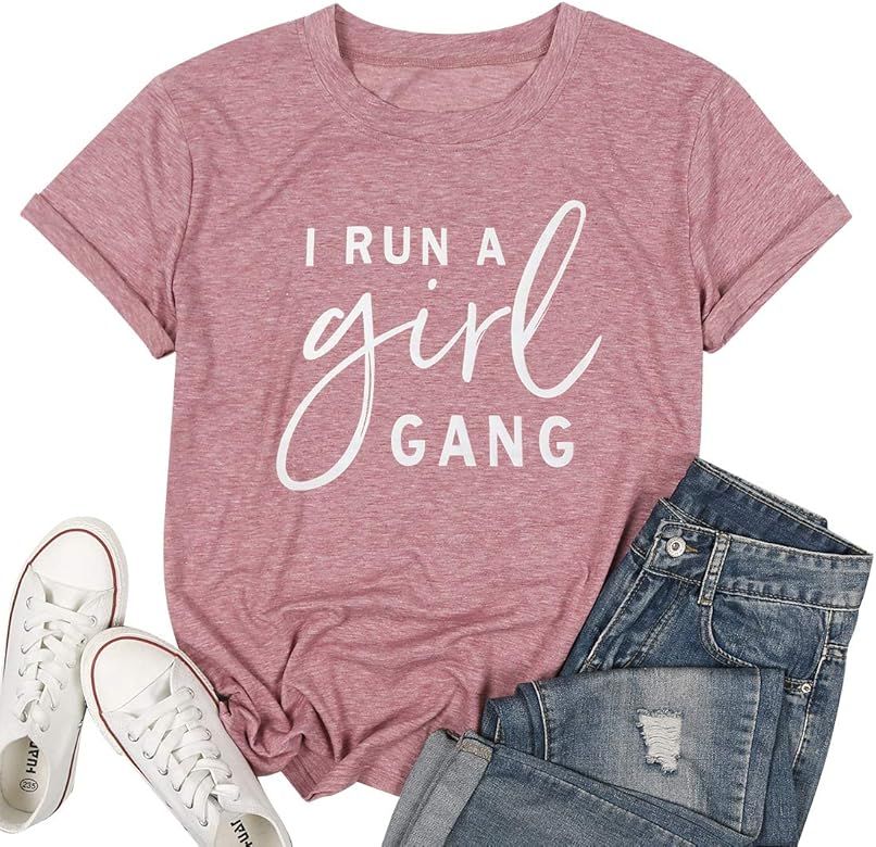 MOUSYA Womens I Run A Girl Gang T-Shirt Girl Mom Shirt Short Sleeve Letter Printed Round Neck Sum... | Amazon (US)