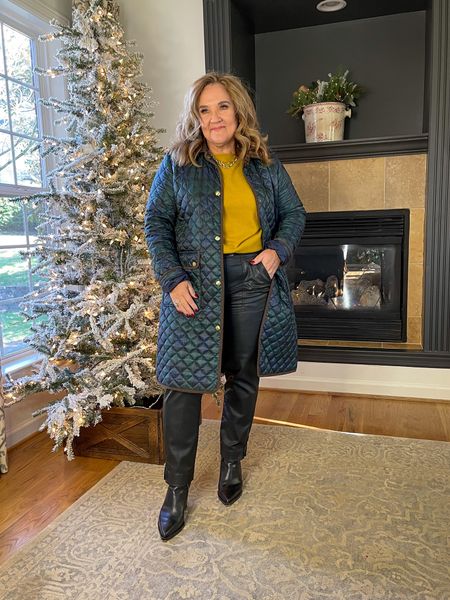 Gold cashmere sweater for holiday. Makes a beautiful holiday casual look. 

I’m in a S/M in the cashmere sweater. Size 12 in the coated denim pants. Size L in jacket. Linking similar. 

Size up 1/2 in booties. 

#LTKHoliday #LTKunder100 #LTKworkwear