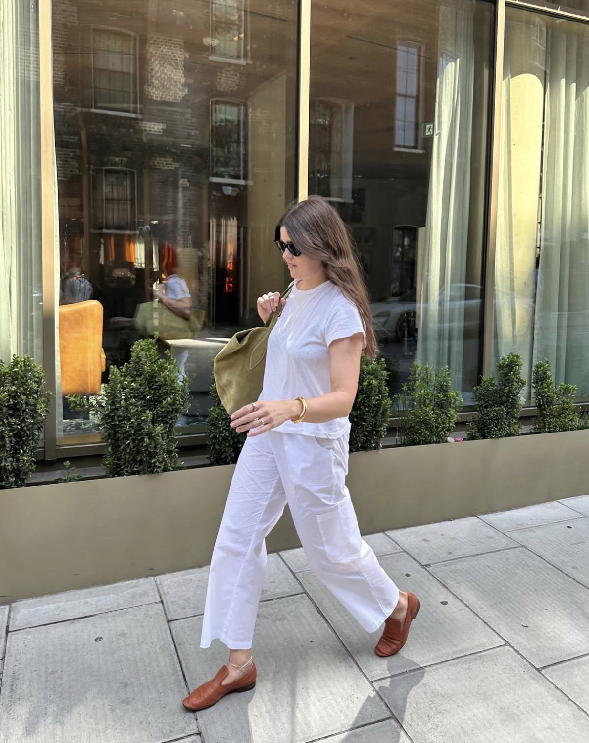 2025 in outfits. An all white look for summer with a pop of green and vintage tan Celine loafers 

 #LTKstyletip